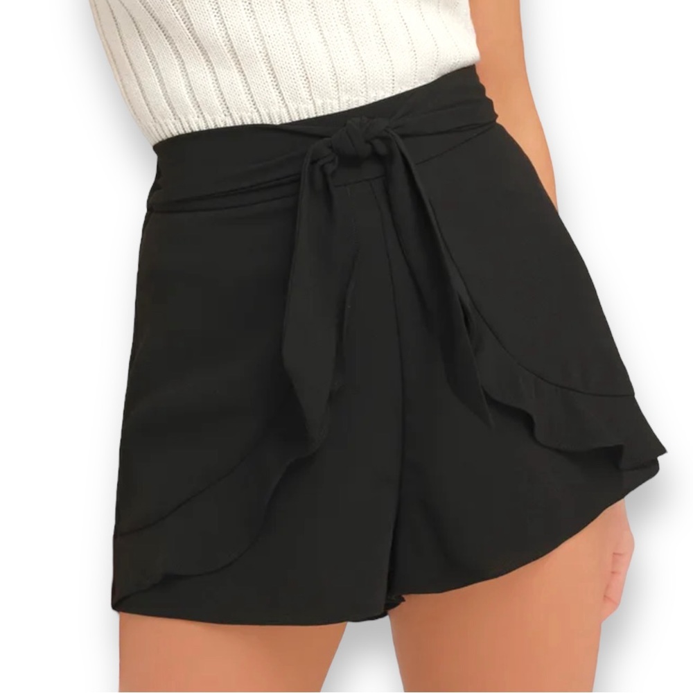 Lulus On an Adventure Black Ruffle Tie Front Dressy Hi-Waisted Shorts - Sz Small